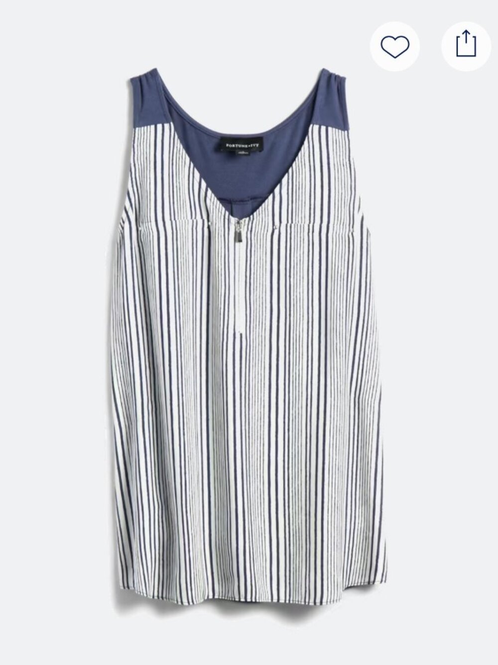 Fortune + Ivy | Blue White Zip Detail Mixed Material Tank Blouse | 1X